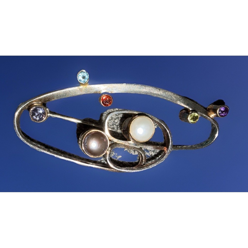 Vintage‎ 925 Sterling Silver Modernist Pearl Gemstone Abstract Brooch Pin Atomic - Picture 2 of 5